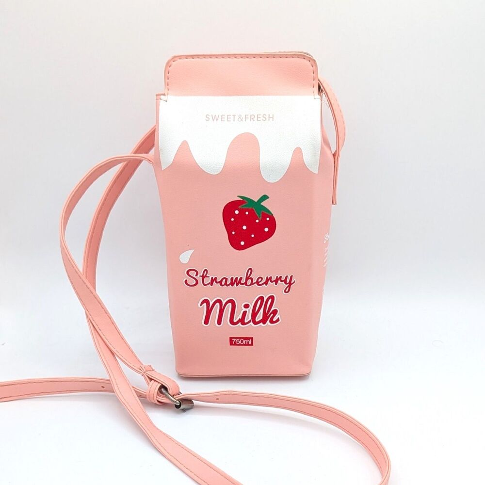 Strawberry Milk Carton Novelty Crossbody Strap Tote Bag Purse Pink